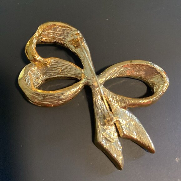 Vintage Bow Brooch Pin Signed Roman Estate Textured Gold Tone Metal Rhinestone R - Picture 6 of 16